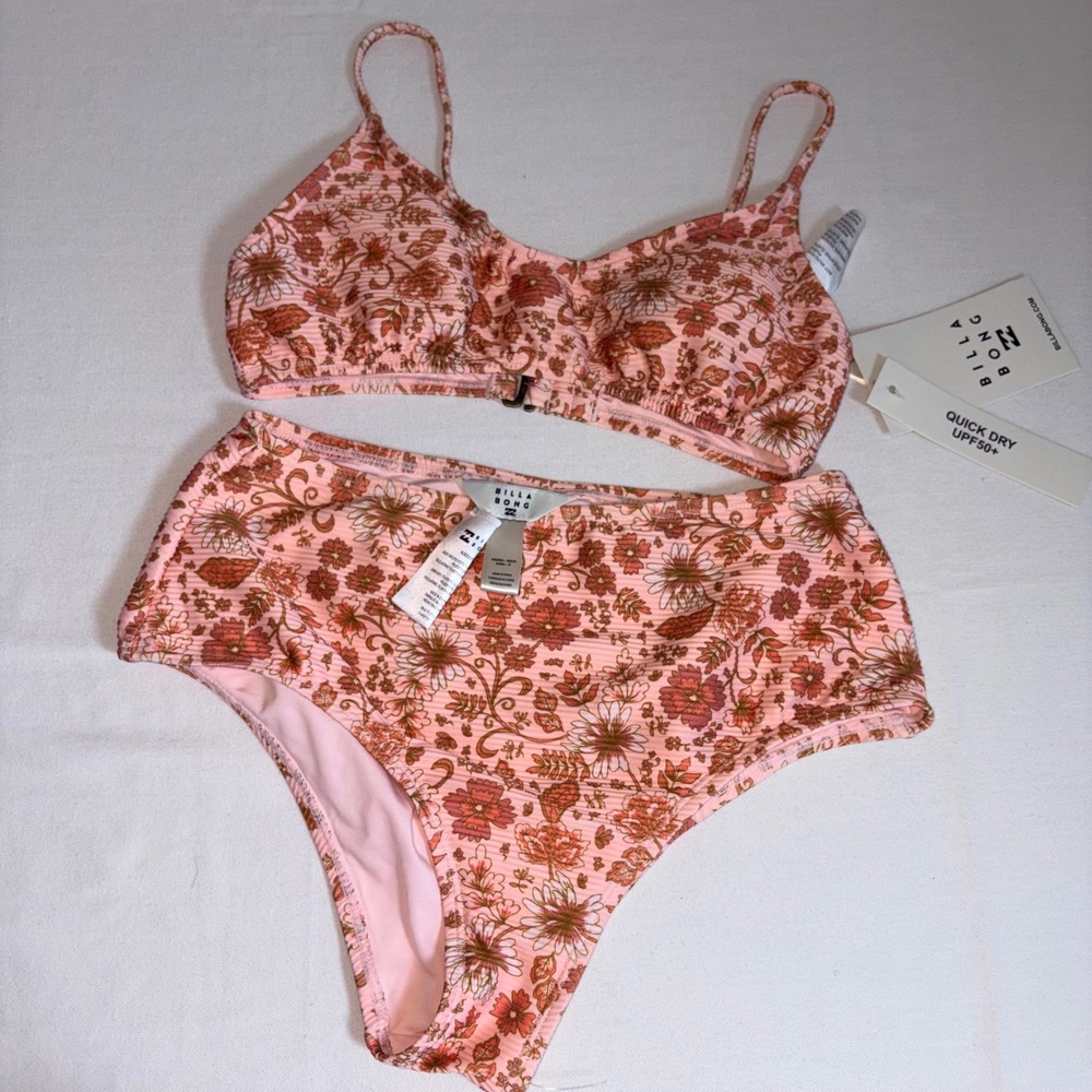 Billabong Retro Rise Rib Bikini Set S Pink Floral New High Waisted Ribbed UPF 50